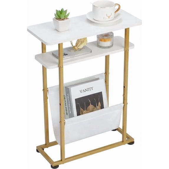Narrow Small Side Table for Small Spaces - Slim End Table with Magazine Rack - 2 in 1 Narrow End Table Living Room - Skinny Bedside Table Nightstand Bedroom Thin Side Table (White & Gold)