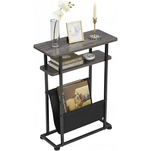 Narrow Small Side Table for Small Spaces - Slim End Table with Magazine Rack - 2 in 1 Narrow End Table Living Room - Skinny Bedside Table Nightstand Bedroom Thin Side Table, Grey