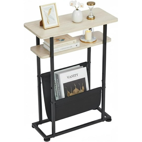 Narrow Small Side Table for Small Spaces - Slim End Table with Magazine Rack - 2 in 1 Narrow End Table Living Room - Skinny Bedside Table Nightstand Bedroom Thin Side Table, Oak