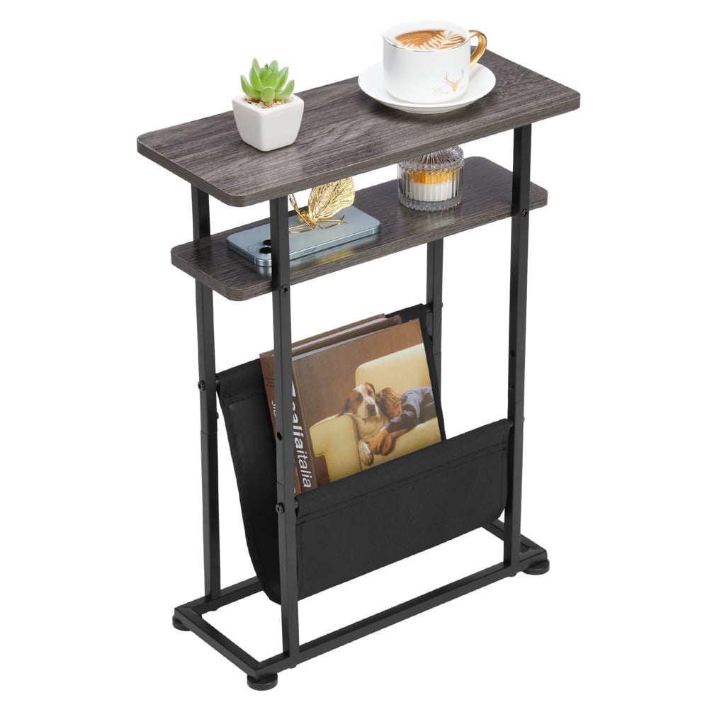 Narrow Small Side Table for Small Spaces - Slim End Table with Magazine Rack - 2 in 1 Narrow End Table Living Room - Skinny Bedside Table Nightstand Bedroom Thin Side Table, Grey