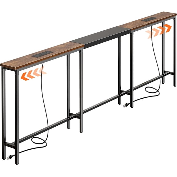 Narrow Sofa Table with 2 Power Outlets, 86.6-110.2 Inch Adjustable Length, Behind The Couch Table with USB-C Port, Long Entryway Console Table, Anti-tip Kit, for Living Room, Rustic Brown
