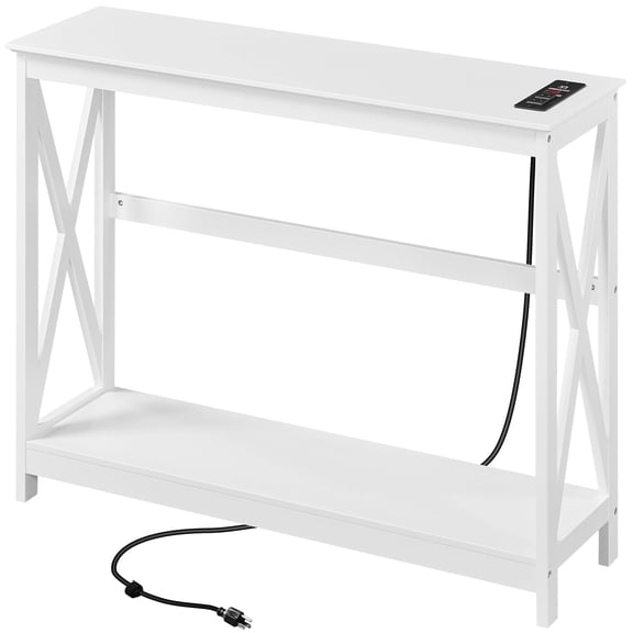 Narrow Sofa Table with Built-in Power Outlets, Modern Console Table for Entryway, USB Charging Station, Wooden Storage Shelf, White Finish