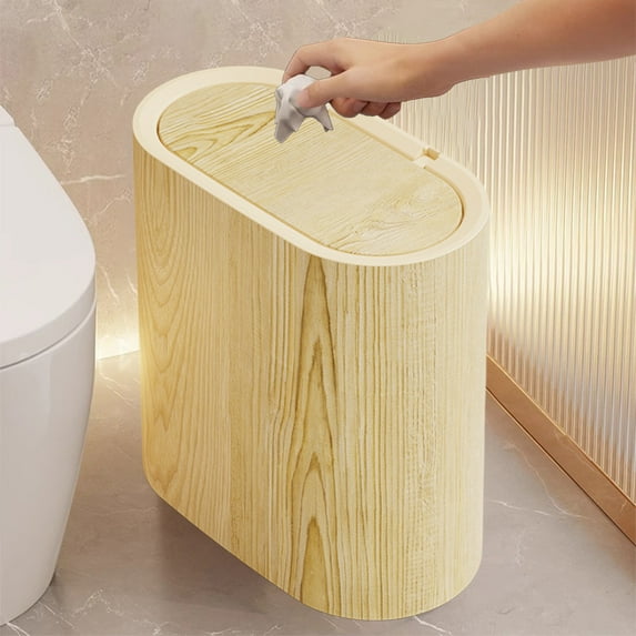 Narrow Space Trash Can Press Top Flip Lid Garbage Bin Slim Fit for Tight Spaces Kitchen Bathroom Office Plastic Waste Container Easy Use 11.4x11.4x6.3 Inches Brown Beige
