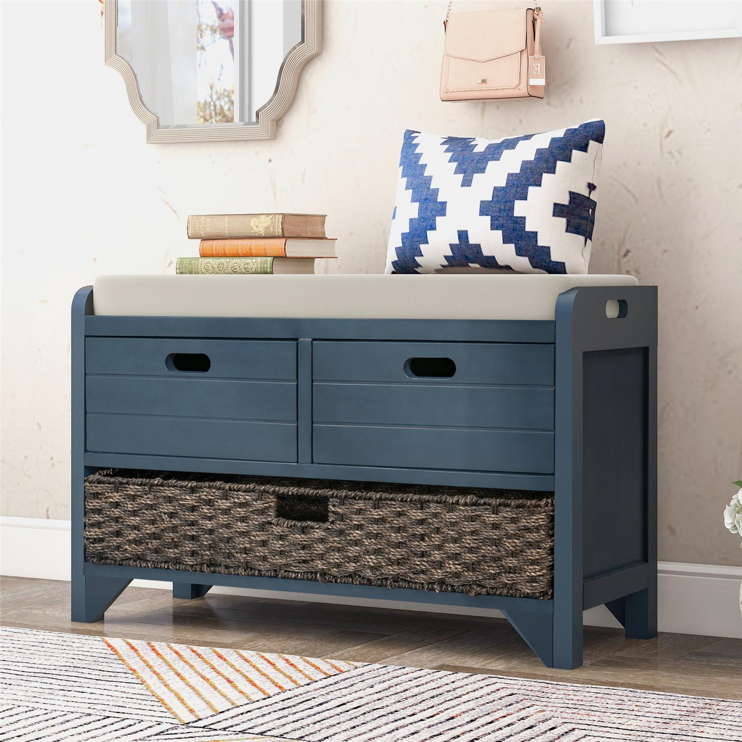 Walmart's Solid Wood Entryway Bench, Navy, with Padded Sitting