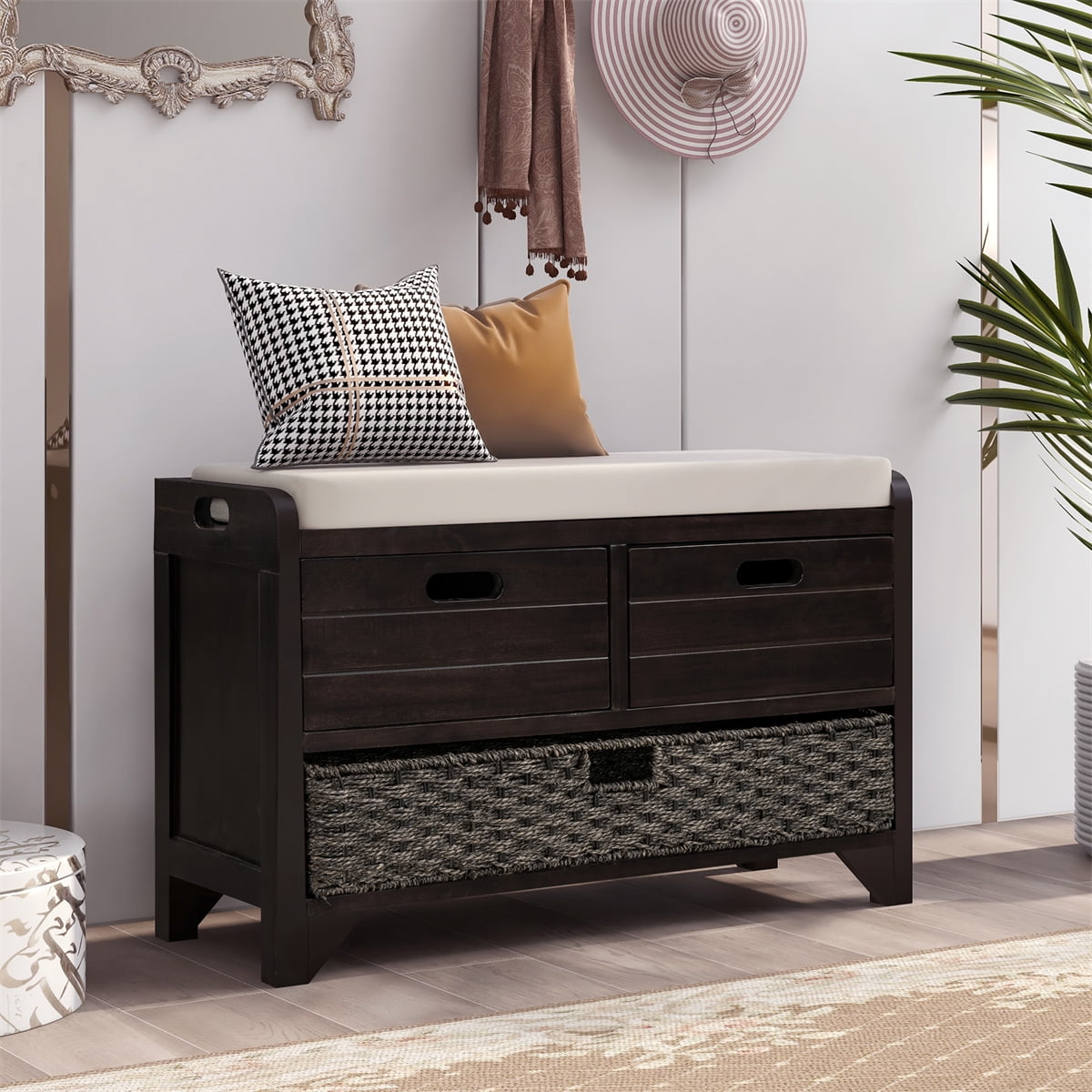 Narrow Storage Bench Solid Wood Entryway Benchwith 2 Drawers and Removable Basket Classic Accent Shoe Bench with Removable Cushion Fully Assembled