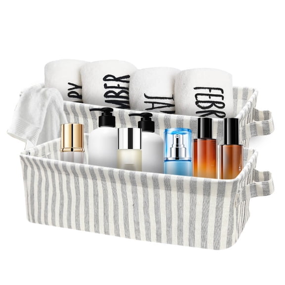 Narrow Storage Bins, Small Basket for Closet and Shelves, Fabric Organizer with Handles, Toilet Paper Storage, Khaki and Beige Stripes, 2-Pack