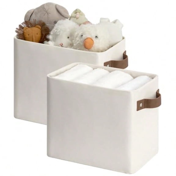 Narrow Storage Bins Small Basket for Closet and Shelves Rectangular Fabric Organizer with Handles Toilet Paper Storage Beige 2-Pack