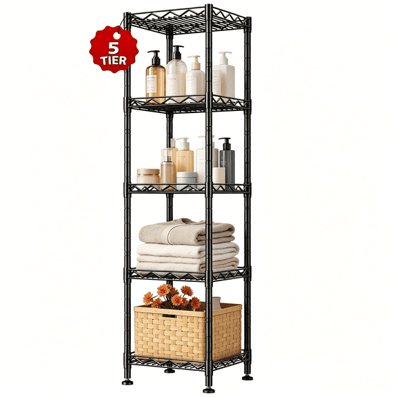 Narrow Storage Rack,5-Tier Slim Shelving Unit for Bathroom,Closet,Kitchen & Laundry Room,Adjustable Metal Storage Shelf for Small Spaces,11.8"W x 11.8"D x 48.8"H,Black