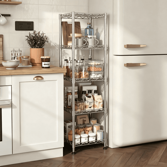 Narrow Storage Rack,5-Tier Slim Shelving Unit for Bathroom,Kitchen & Laundry Room,Adjustable Metal Storage Shelf for Small Spaces,11.8"W x 11.8"D x 48.8"H,Chrome