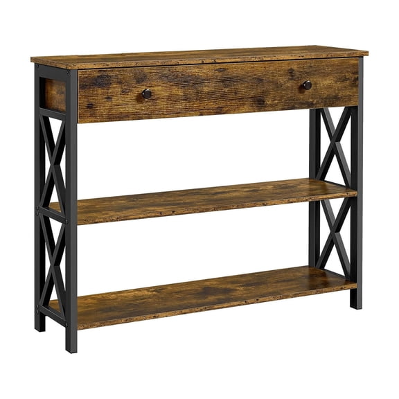 Narrow TV Stand for TV up to 45 Inch, Slim 12 Inch Depth Entertainment Center, Storage Console with Drawer and Open Shelves, Sturdy MDF and Metal Frame for Small Living Room, Bedroom, Brown