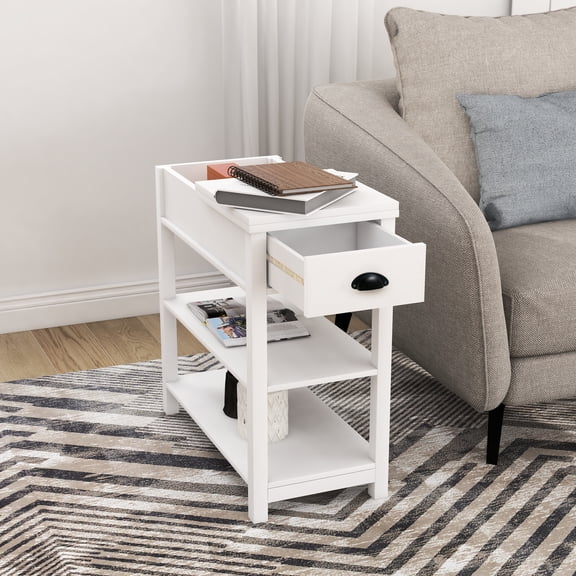 Narrow Table With Drawers - White, , Treated, For Bedroom And Office Coated Side In Storage Function, Home