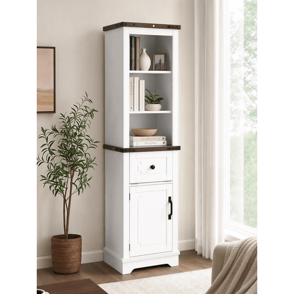 Narrow Tall Linen Tower Storage Cabinet with Adjustable Shelves & Drawer, Farmhouse Style, White with Black Walnut Top for Bathroom Living Room