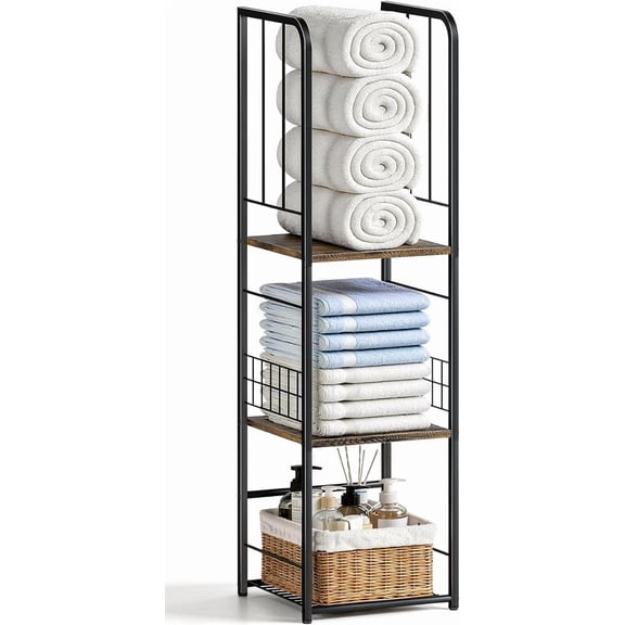 Narrow Towel Storage for Bathroom, 3-Tier Free Standing Bathroom Towel Rack Organizer with Shelf for Small Bath, Pool, Brown