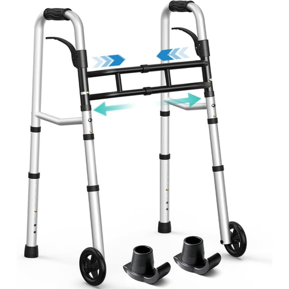 Narrow Walkers for Seniors, Folding Walker with Skis and 5" Wheels for Small Spaces, Adjustable Width & Height,  Lightweight Standard Rolling Walker, Support Up to 350lbs,