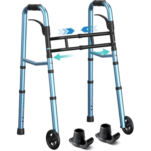 Adjustable Rolling Walker with 5 inch wheels & Ski Glides, Blue, 350 lb Limit