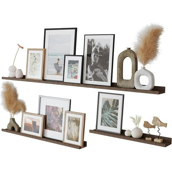 Narrow Wall Mount Wood Picture Ledge Photo Display Floating Shelf for Living Room Kitchen Bedroom Bathroom - Set of 3 with Varity Sizes 60 & 36 & 24 Inch - Burnt Brown