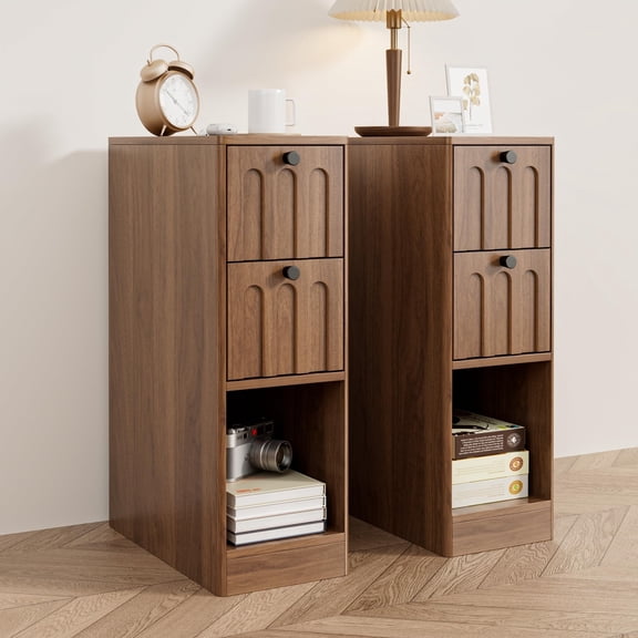 Narrow Walnut Nightstand Set of 2, Small Bedside Table with Arched Drawer, Slim Wood Night Stand, Mid Century Modern End Table, Walunt