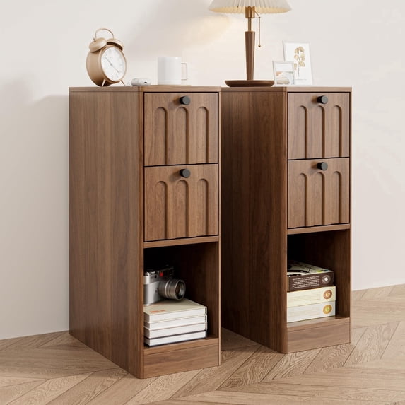 Narrow Walnut Nightstand Set of 2, Small Bedside Table with Arched Drawer, Slim Wood Night Stand, Mid Century Modern End Table, Walunt