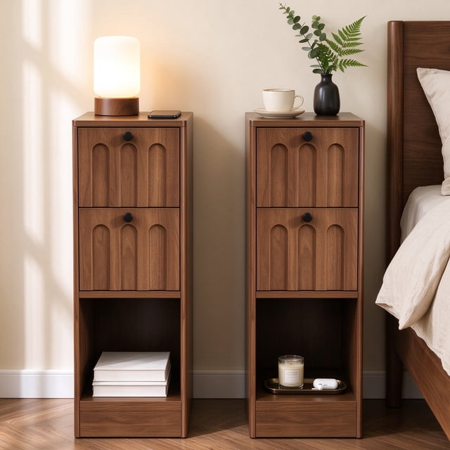 Small Pimage GODPAW Narrow Nightstand Set of 2, Small Bedside Table, Walnut ...