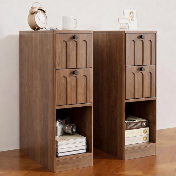 Narrow Walnut Nightstand Set of 2, Small Bedside Table with Arched Drawer, Slim Wood Night Stand, Mid Century Modern End Table, Walunt