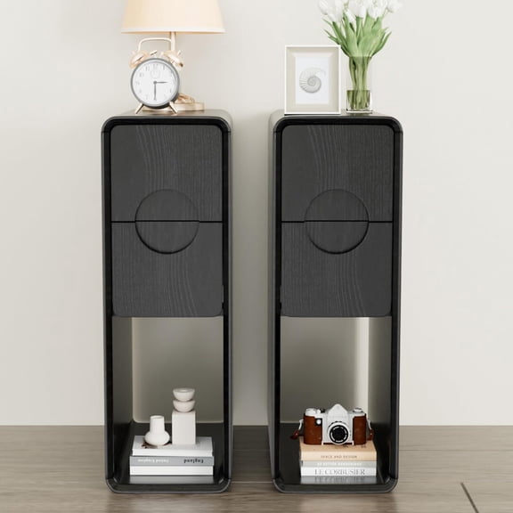 Narrow Walnut Nightstand Set of 2, Small Bedside Table with Round Drawer, Skinny Wood Mid Century Modern End Table, Black