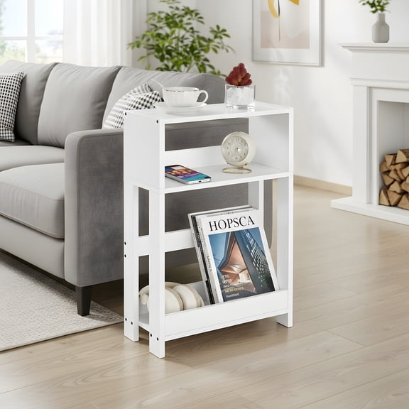 Narrow White End Table for Small Spaces - 3-Tier Design