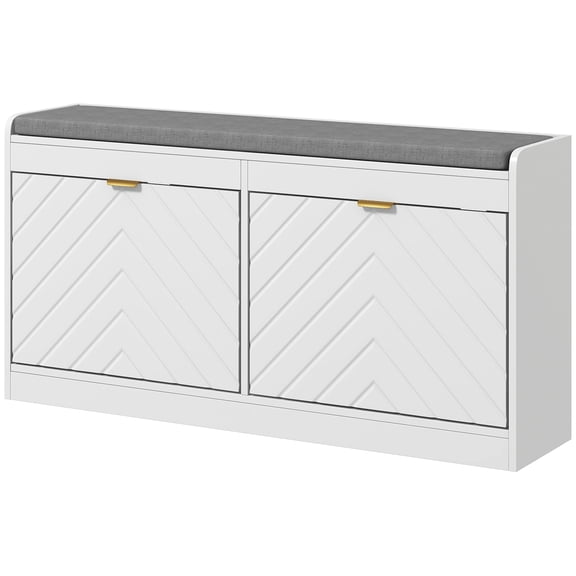 Narrow White Entryway Shoe Bench with Cushion and 2 Tilt-Out Drawers, Shoe Storage Organizer for Hallway
