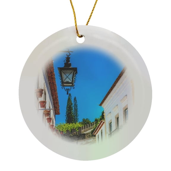 3drose, Narrow White Street of the Medieval Town of Obidos, Portugal., Circle Porcelain Ornament