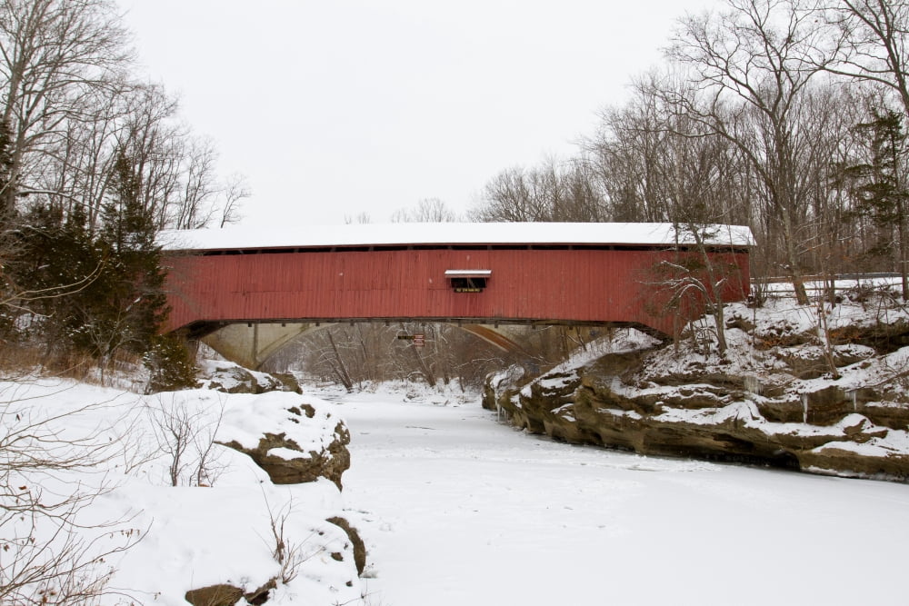 Narrow covered bridge in winter Turkey Run State Park Parke County Indiana USA Canvas Art - Panoramic Images (18 x 24)