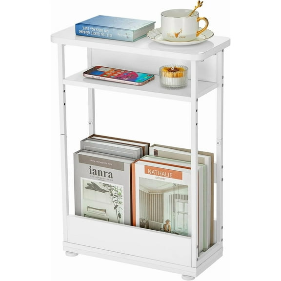 Narrow edge table, 3-layer thin edge table with storage rack, modern sofa side table, suitable for narrow and small spaces, slender bedside table small night table with magazine rack space-saving / w