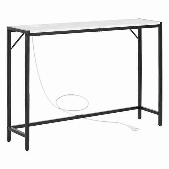 Foyer Console Table with Built-in Power Strip, Slim Marble Top Entry Table for Small Spaces, Industrial Modern Design