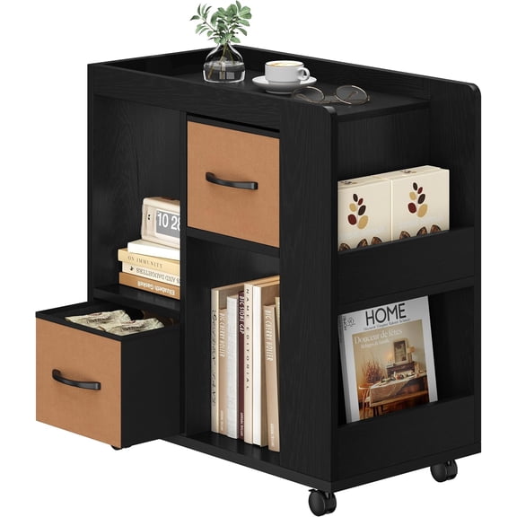 Narrow side table with storage; wooden rolling nightstand featuring casters, a magazine rack, an open shelf, and a drawer; suitable for living room or bedroom; black.