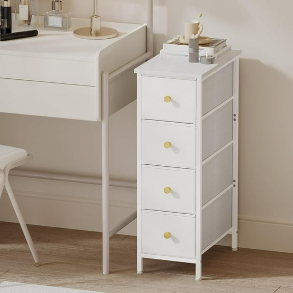 Narrow storage cabinet, narrow bedside table with 4 drawers, white dressing table