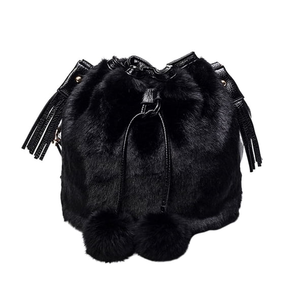 Narrster Black Handbag Fashion Fluffy Shoulder Bag Pompon Bucket Bag Creative Crossbody Drawstring Bag for Girls Lady Woman