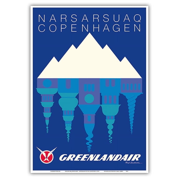 Narsarsuaq Greenland - Copenhagen Denmark - GreenlandAir - Vintage Airline Travel Poster by Paul Anderson c.1970s - Master Art Print 10in x 14in