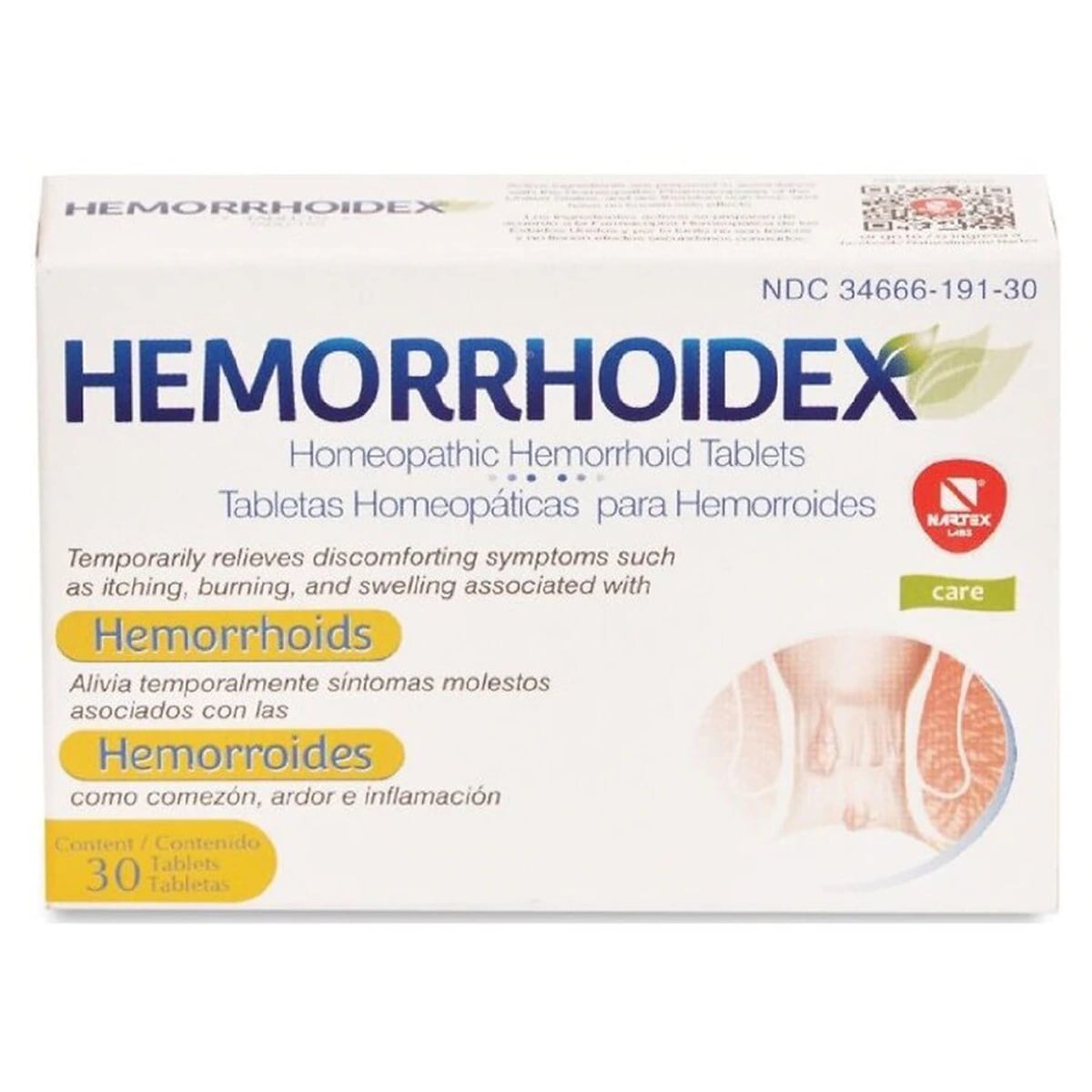 Nartex Homeopathic Hemorrhoid Relief Tablets, Temporarily Relieves Discomforting Symptoms Such As Itching, Burning, and Swelling, 30.0 Ea