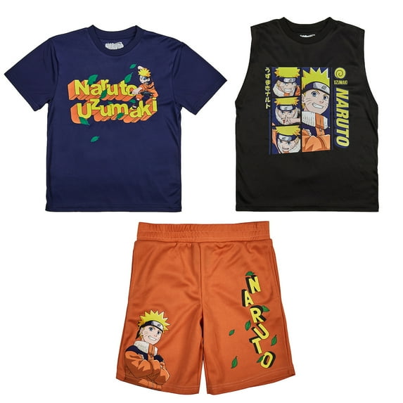 Naruto 3-Pack Boy's Blue Short Sleeve Tee, Black Muscle Tank, Orange Athletic Shorts Set