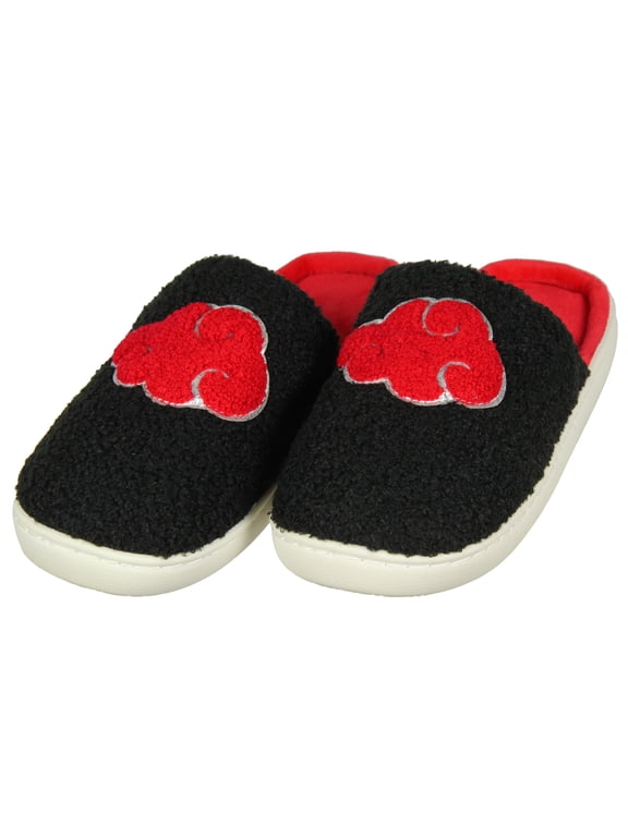 Naruto Akatsuki Chenille Red Cloud Glitter Accent Design Non-Slip Velveteen Lined House Slippers For Men Women