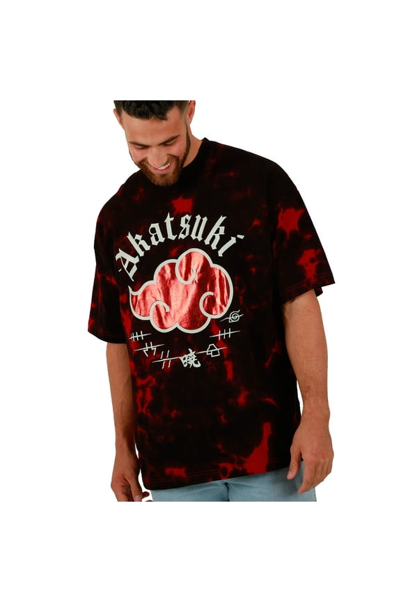 Naruto Akatsuki Cloud Crew Neck Short Sleeve Oversized Drop Shoulder Red & Black Cloud Wash Men's T-shirt-Large