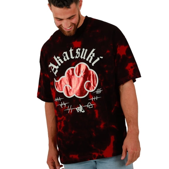 Naruto Akatsuki Cloud Crew Neck Short Sleeve Oversized Drop Shoulder Red & Black Cloud Wash Men's T-shirt-Medium