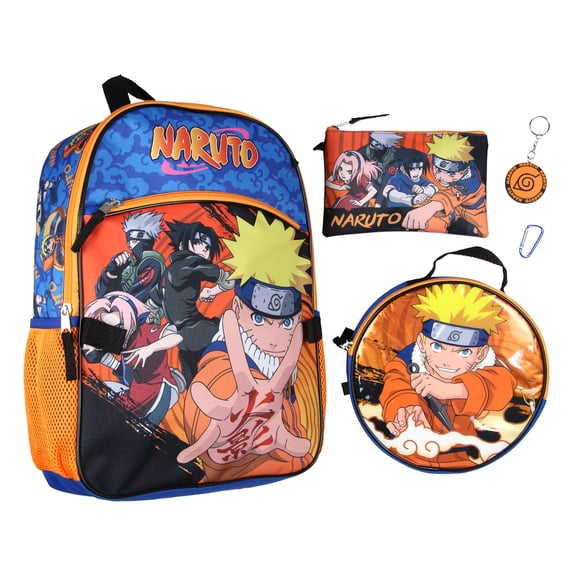 Naruto Anime Character Group 16" Youth 5-Piece Backpack Set For School Or Travel With Lunch Tote Pencil Case Rubber Keychain Zipper Pull Carabiner