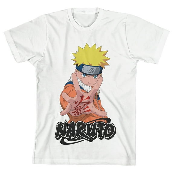 Naruto Anime Character & Logo Crew Neck Short Sleeve Boy's White T-shirt-Medium
