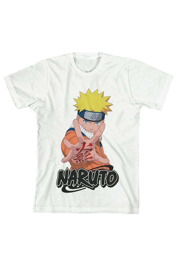 Naruto Anime Character & Logo Crew Neck Short Sleeve Boy's White T-shirt-Small