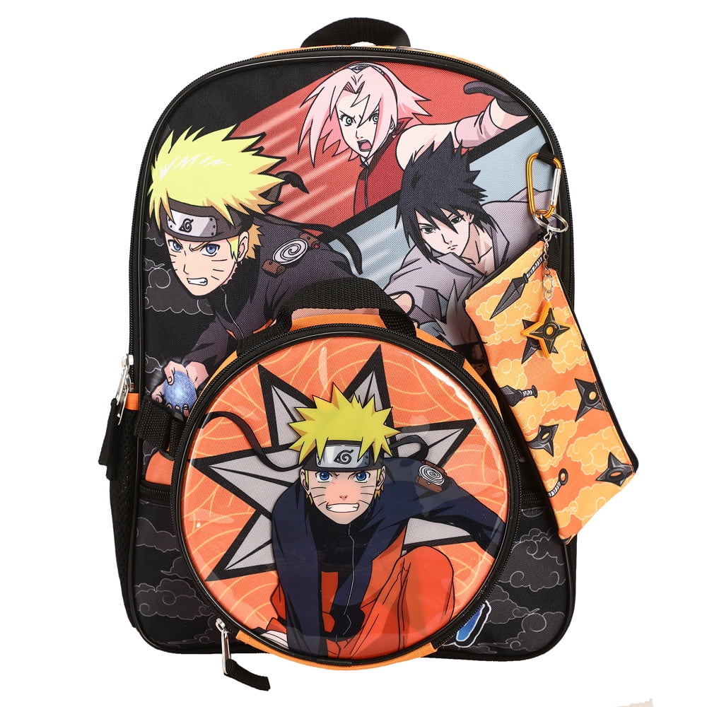 Naruto Anime Character Print Orange and Black 5-Piece Backpack Set For Boys  