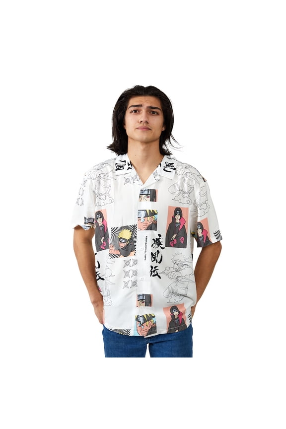 Naruto Anime Screenshots Shurikens & Character Line Art Short Sleeve Woven Button-Down Men's White Shirt-Small