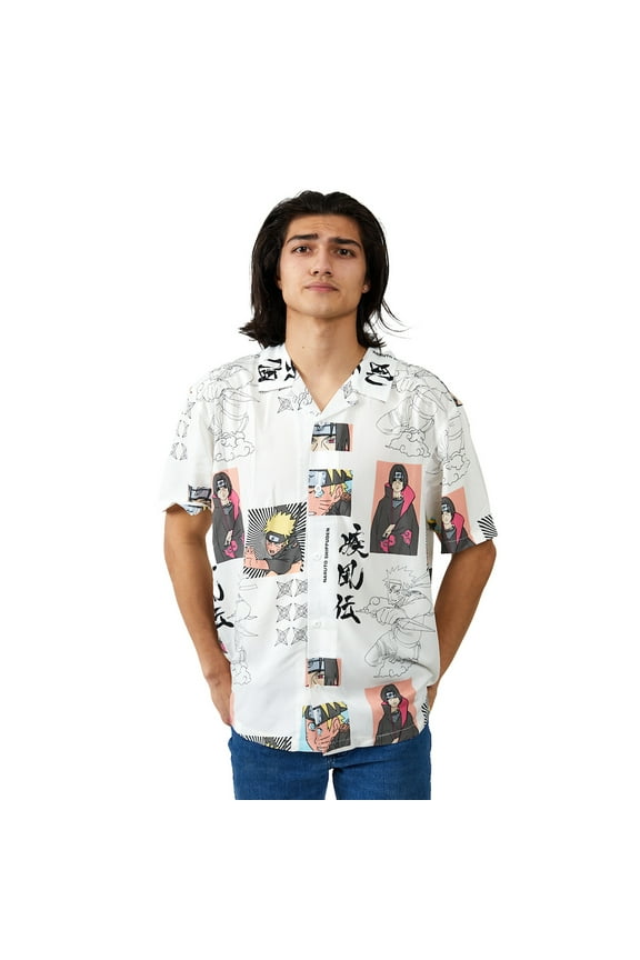 Naruto Anime Screenshots Shurikens & Character Line Art Short Sleeve Woven Button-Down Men's White Shirt-XL