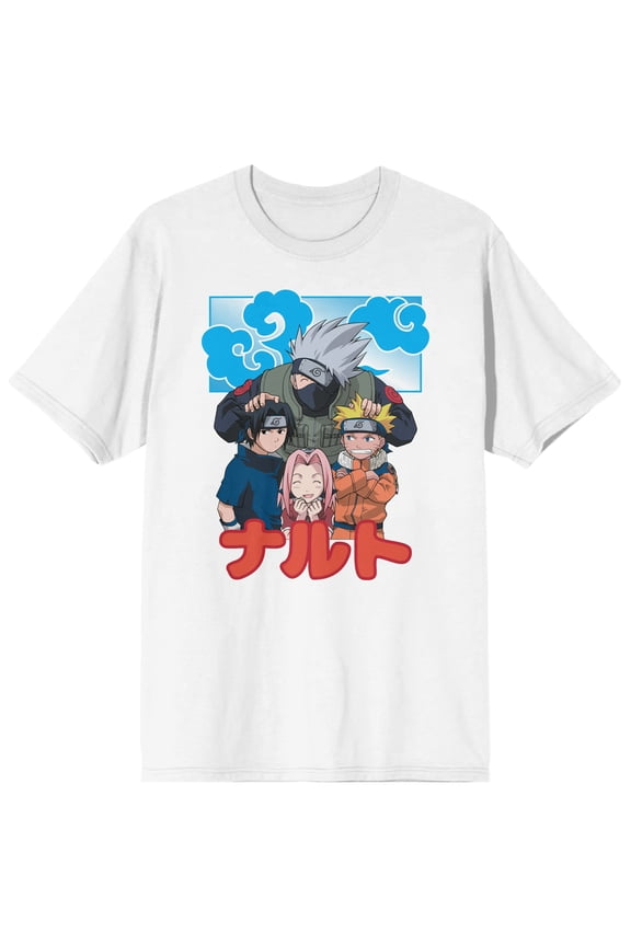 Naruto Blue Smoke Character Group Crew Neck Short Sleeve Men's White T-shirt-Medium