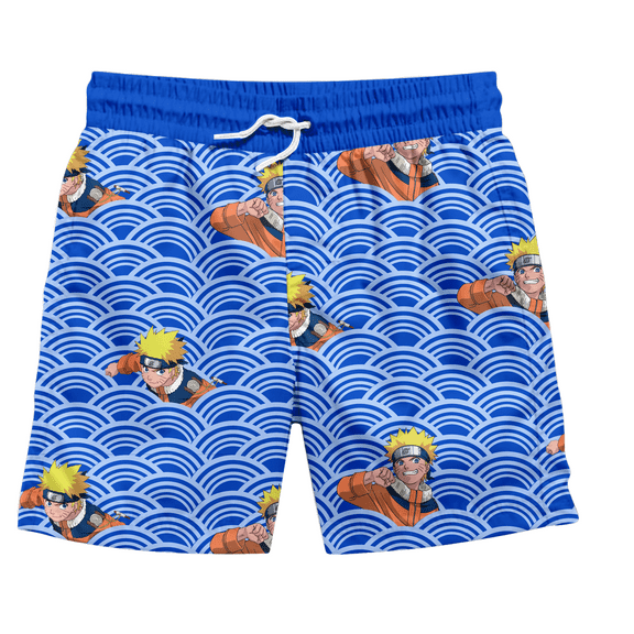 Naruto Character In Waves Boy's Blue Swim Trunks Shorts-Large