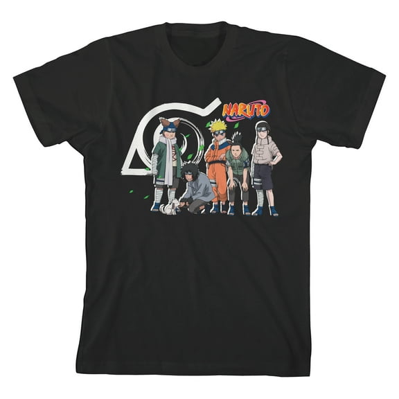 Naruto Characters & Konoha Emblem Boy's Black T-shirt-Medium