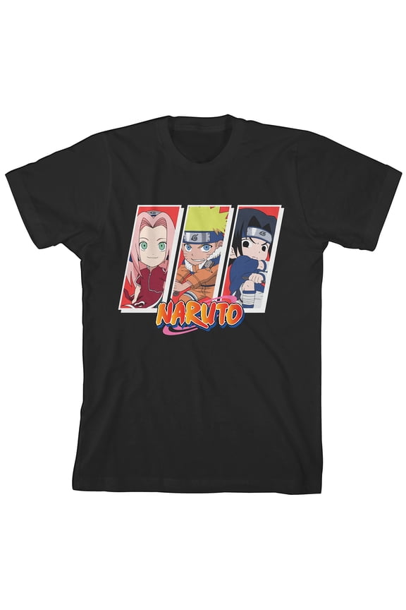 Naruto Chibi Team 7 Crew Neck Short Sleeve Men's Black T-shirt-Medium